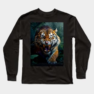 Growling Tiger coming out of the Dark Jungle Long Sleeve T-Shirt